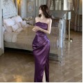Purple strapless satin slit dress