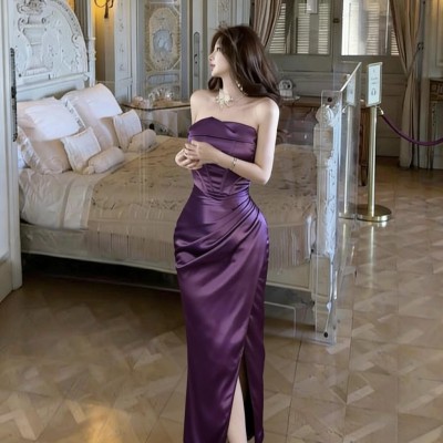 紫色抹胸缎面鱼骨开衩礼服