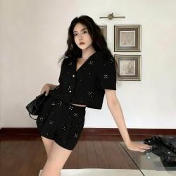 Black diamond puff sleeve top + high waist shorts set