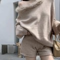 针织一字领上衣+高腰针织短裤套装