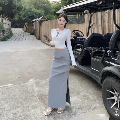 灰色高腰褶皱工装半身裙