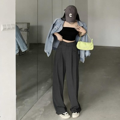 灰色高腰阔腿西装长裤