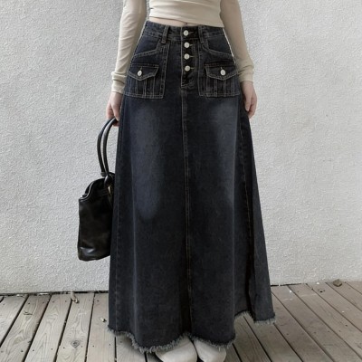 高腰复古排扣毛边半身裙