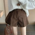 褐色灯芯绒高腰A字短裤
