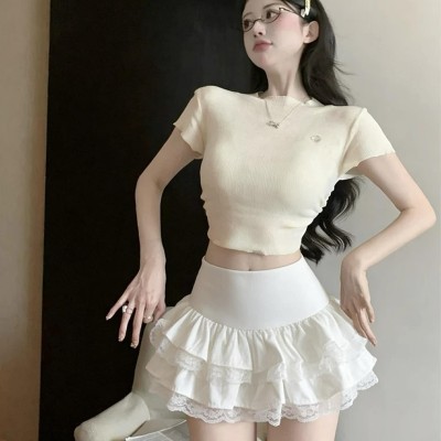 高腰蕾丝蓬蓬裤裙