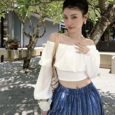 一字肩雪纺泡泡袖上衣
