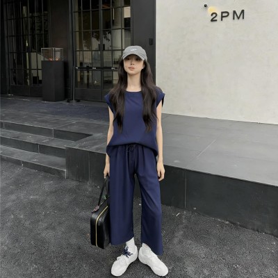 韩系慵懒风藏青上衣+高腰阔腿裤套装