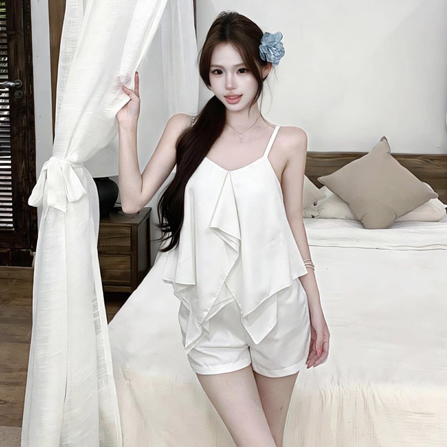 Irregular Ruffled Camisole + High-Waisted Shorts Set Irregular Ruffled Camisole + High-Waisted Shorts Set