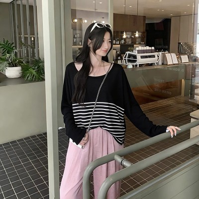 撞色条纹宽松针织罩衫