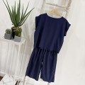 韩系慵懒风藏青上衣+高腰阔腿裤套装