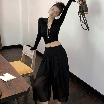 High waisted black mesh wide-leg pants