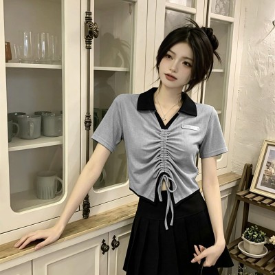 撞色抽绳短款polo上衣