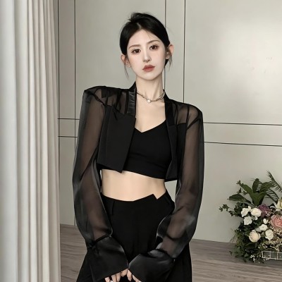 网纱拼接短款西装外套