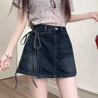 High-waisted denim mini skirt with tie-up design