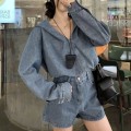 休闲连帽塑腰上衣+高腰阔腿牛仔套装
