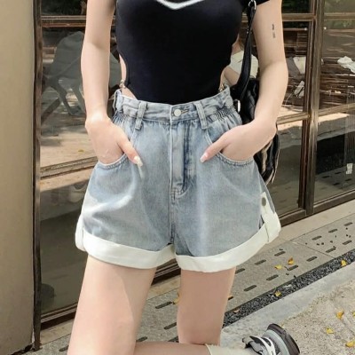 浅白拼色高腰牛仔短裤