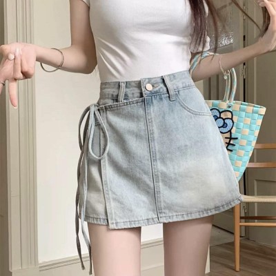 High-waisted denim mini skirt with tie-up design