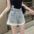 浅白拼色高腰牛仔短裤