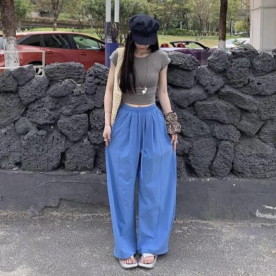 克莱因蓝冰丝阔腿气球裤