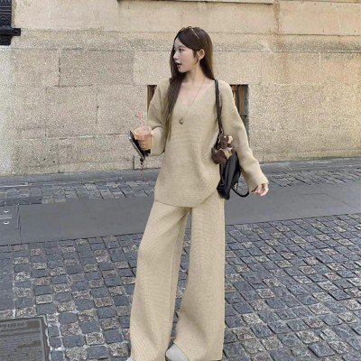 Waffle knit sweater + high-waisted knit trousers set
