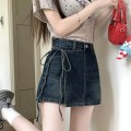 绑带设计高腰牛仔短裙裤