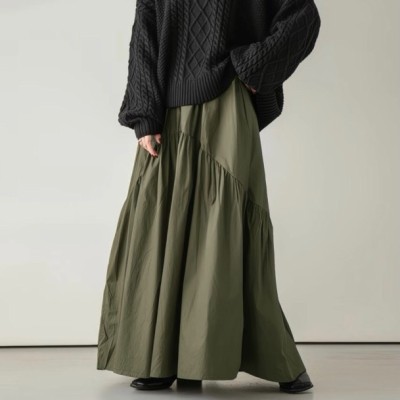 高腰褶皱拼接A字半身裙