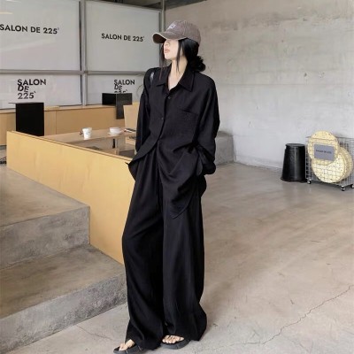 慵懒风宽松衬衫+高腰阔腿长裤套装