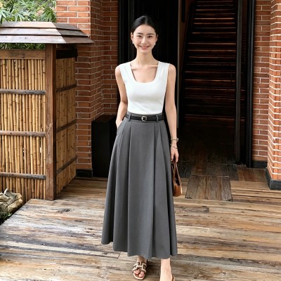 灰色高腰西装半身裙