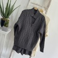 慵懒麻花纹POLO领针织毛衣+高腰针织短裤套装