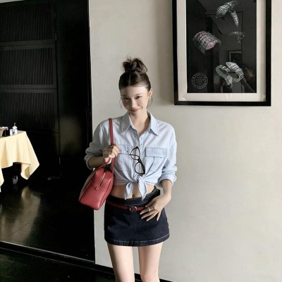 韩系短款牛仔长袖上衣