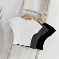 Round neck cropped top with short flutter sleeves