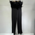 High end feather strapless jumpsuit with wide legs