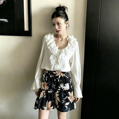 复古大花荷叶边蛋糕半身裙