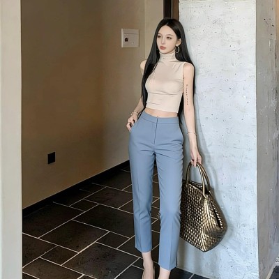 雾霾蓝高腰烟管七分裤