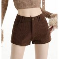 深褐色薄款灯芯绒低腰短裤