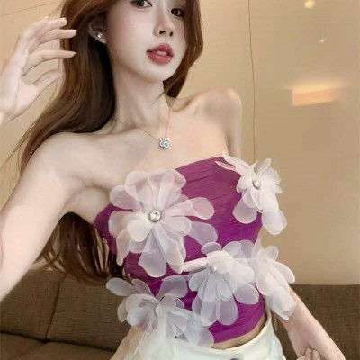 树莓紫立体花朵抹胸上衣