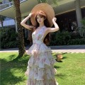 French style floral halter neck tiered maxi dress