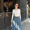 百褶高腰牛仔中长裙