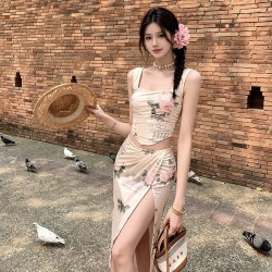 复古印花短版背心+高腰开衩半身裙套装