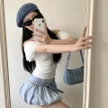 蓝色高腰花苞蓬蓬裙