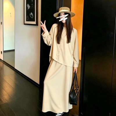 慵懒奶茶杏上衣+松紧半身长裙套装