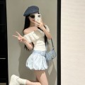 蓝色高腰花苞蓬蓬裙