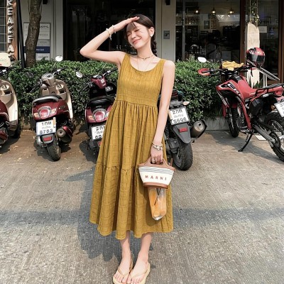 韩系慵懒姜黄色连衣裙