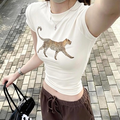 复古猎豹印花修身短款上衣