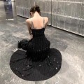 闪钻V领吊带开叉礼服长裙