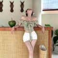 抹茶绿碎花一字肩短款上衣