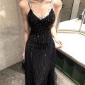 闪钻V领吊带开叉礼服长裙
