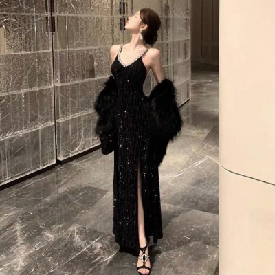 闪钻V领吊带开叉礼服长裙