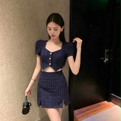 别致小香风上衣+高腰A字裙套装
