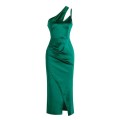 Dark green satin off shoulder dress